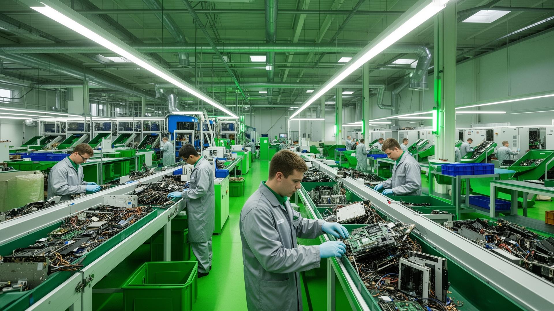 Centro de triagem moderno da LP EcoDigital com técnicos processando eletrônicos