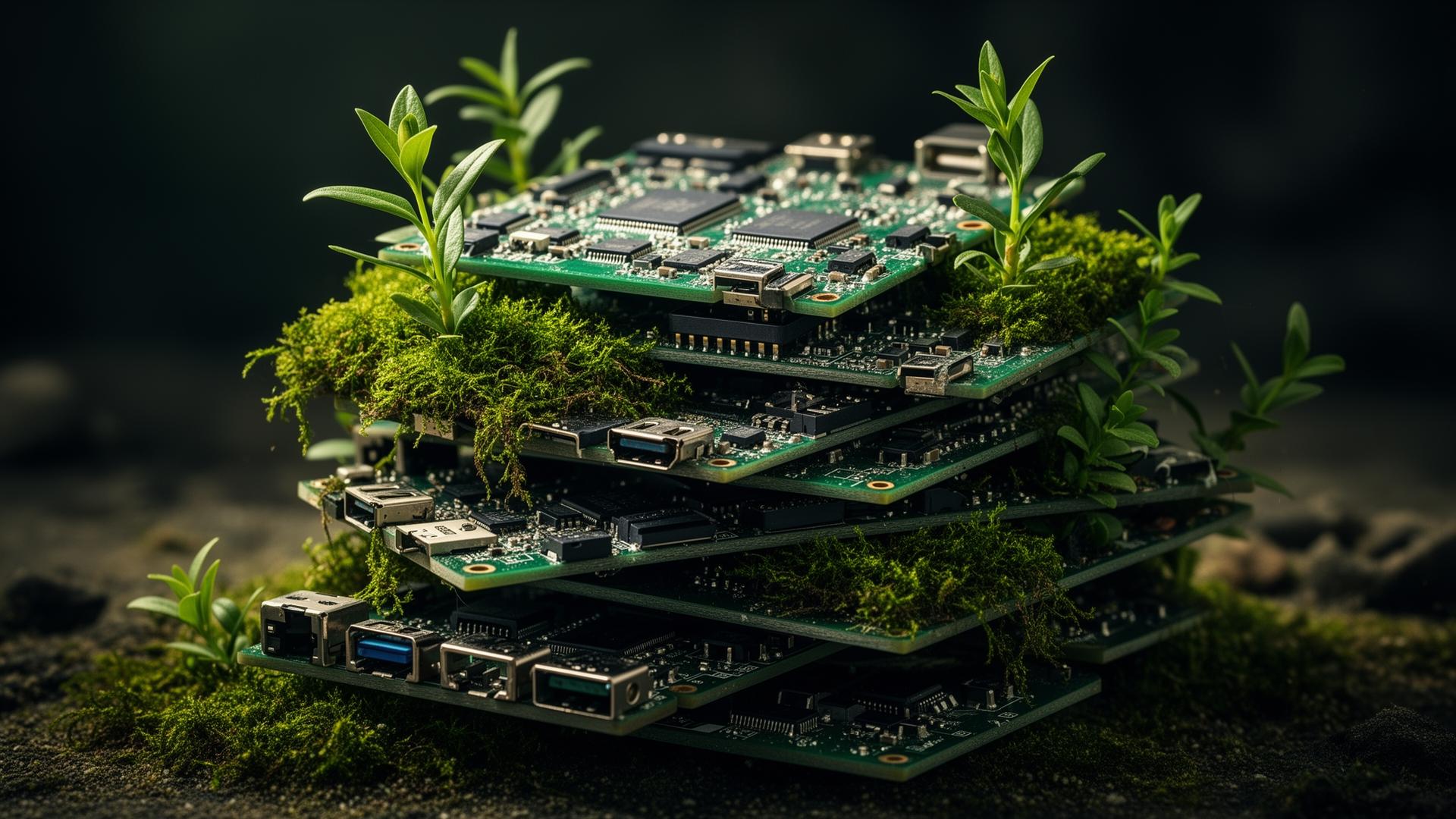 Pilha de placas de circuito recicladas com musgo e plantas crescendo entre os componentes